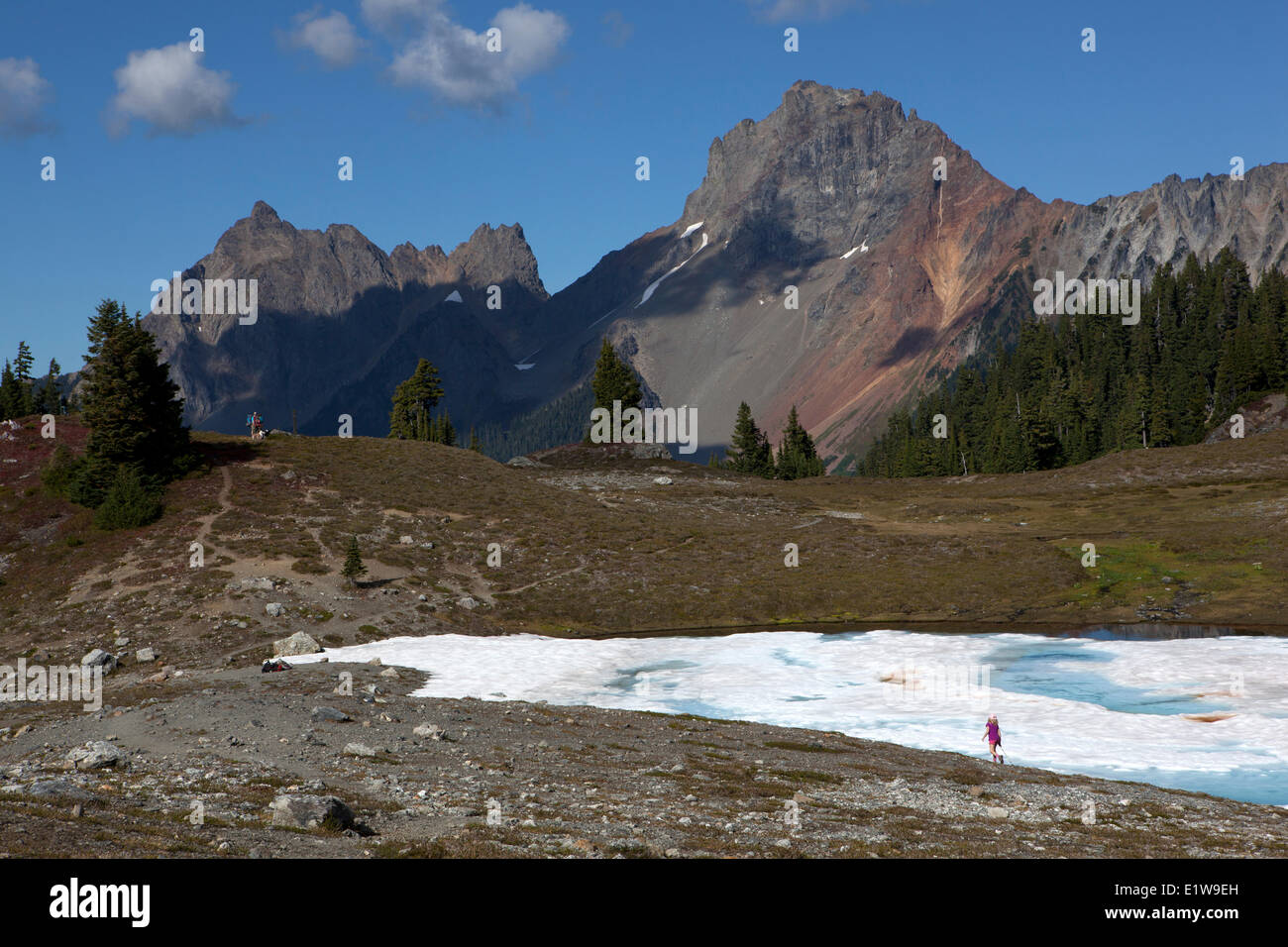 Young Girl Hiking Towards American and Canadian Border Peaks, Yellow Aster Butte Trail, Mount Baker Wilderness, Washington State Stock Photo