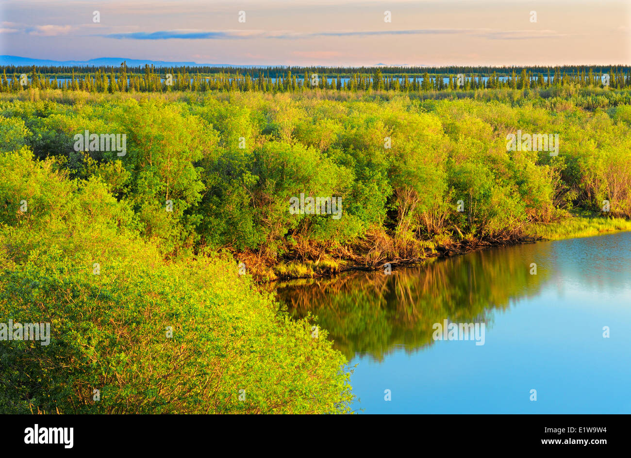 Low sun in middle of the night at Twin Lakes, Inuvik, Northwest Territories, Canada Stock Photo