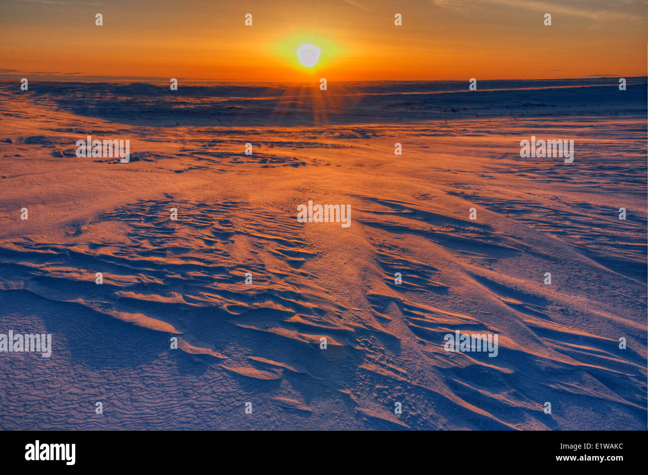 Sunrise on the Canadian prairie in winter,  Willows, Saskatchewan, Canada Stock Photo