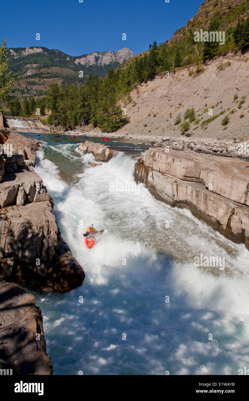 A male kayaker runs the challenging section of the Upper Elk River, Fernie, BC Stock Photo