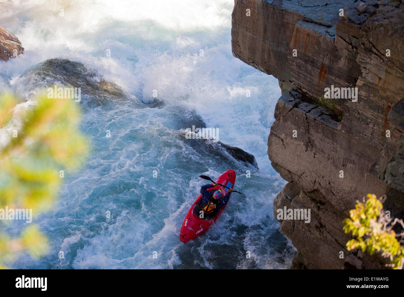 A male kayaker runs the challenging section of the Upper Elk River, Fernie, BC Stock Photo