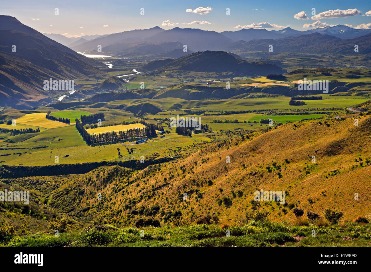 Paddocks farmland in the Kawarau River Valley near Queenstown seen the Crown Range Road Central Otago South Island New Zealand. Stock Photo