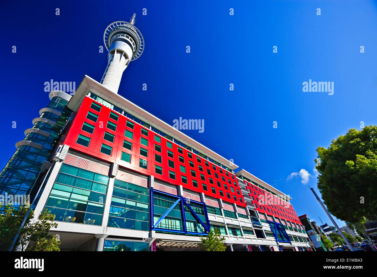 Sky Tower and Sky City Hotel from the streets of Auckland, North Island, New Zealand Stock Photo