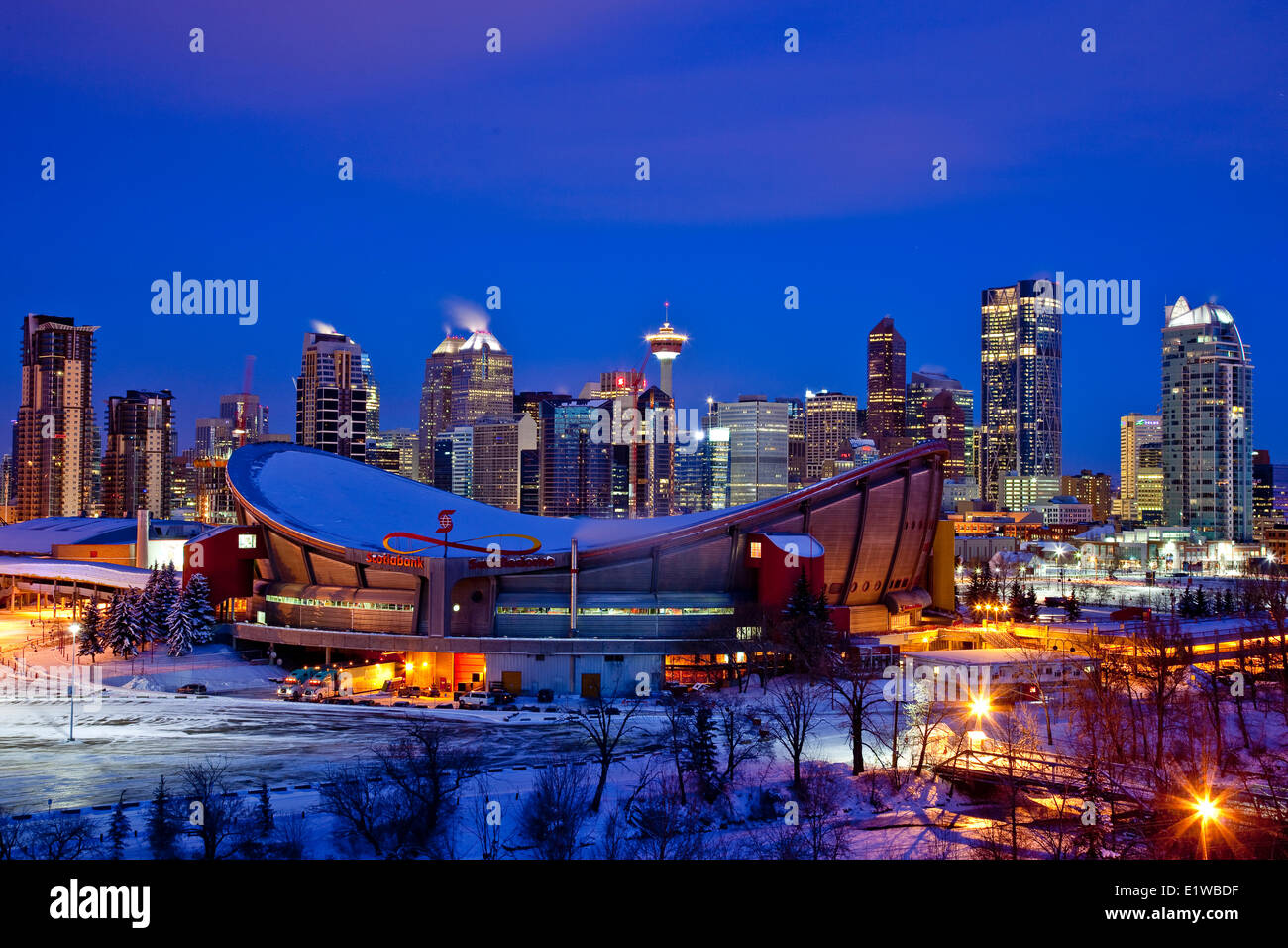 Calgary skyline at night in winter with Scotiabank Saddledome in foreground, Calgary Alberta, Canada. Stock Photo