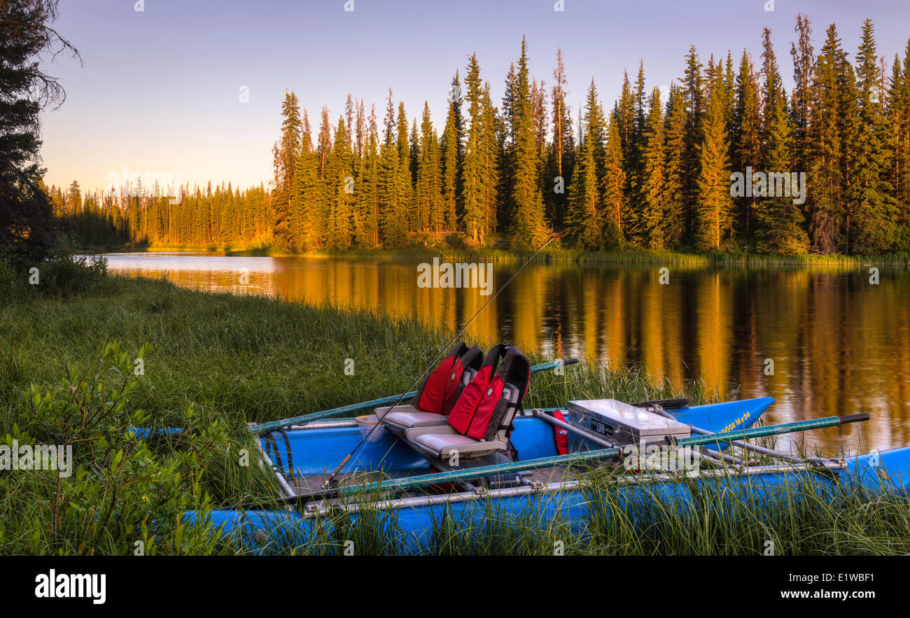 Raft at sunset, Blackwater River, British Columbia, Canada Stock Photo