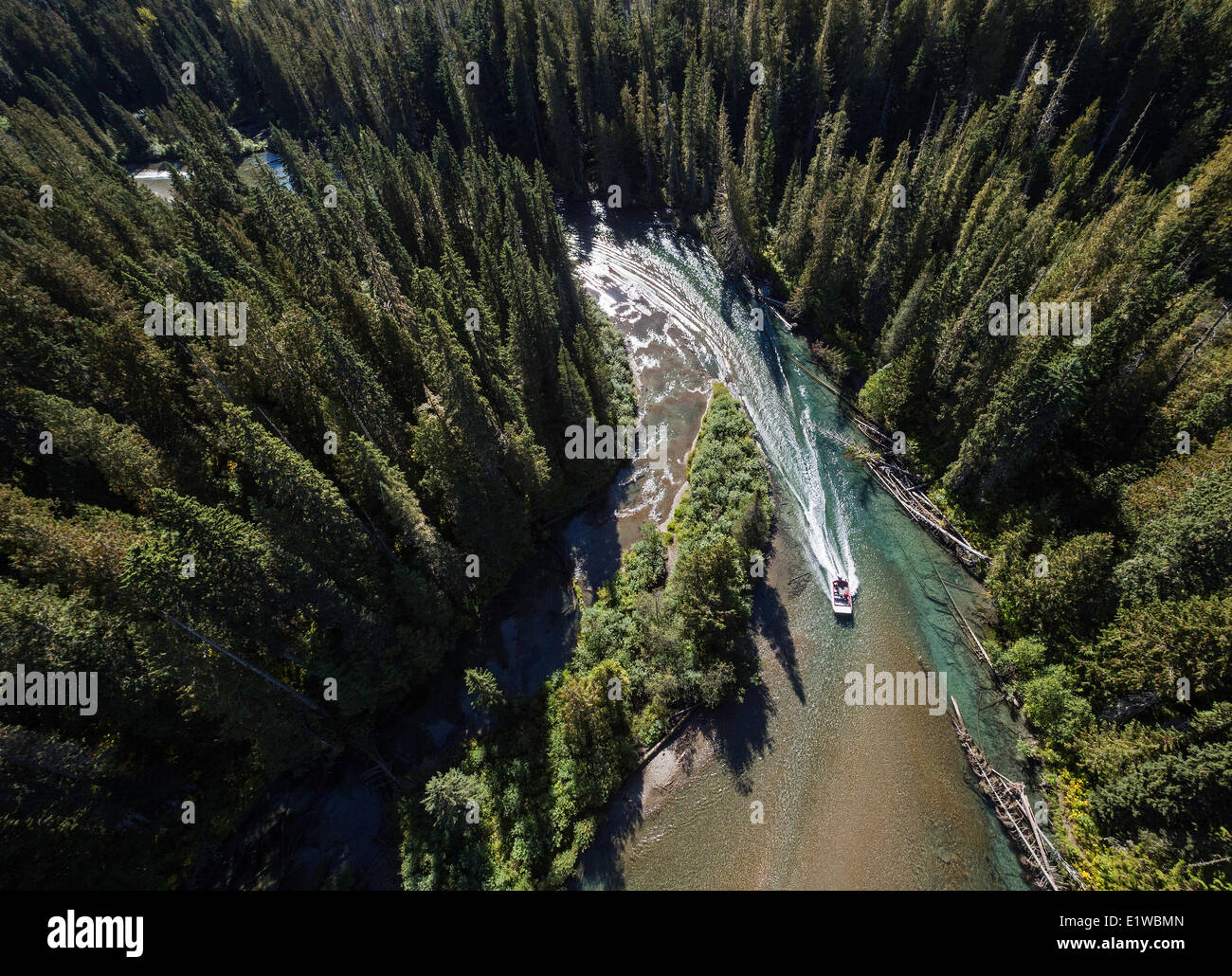 Jet boat, Mitchell River, Cariboo Mountains, British Columbia, Canada Stock Photo
