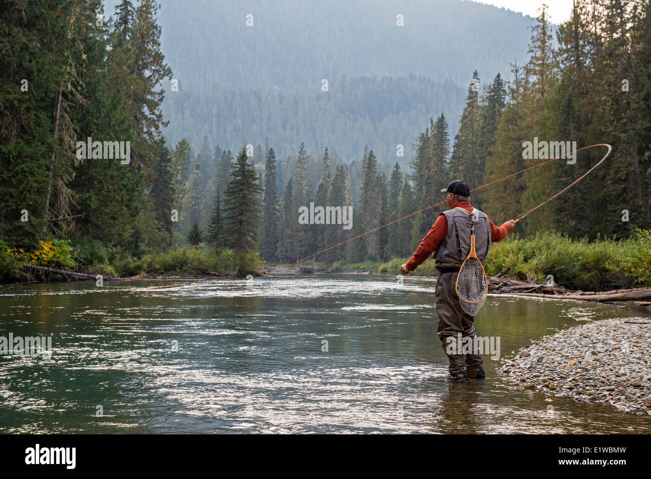 Fly fishing, Mitchell River, Cariboo Mountains, British Columbia