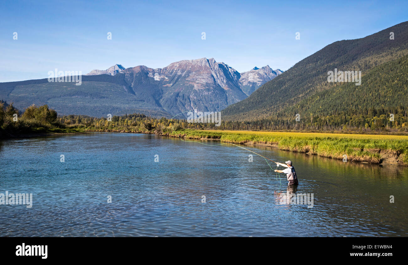 Fly fishing, Mitchell River, Cariboo Mountains, British Columbia, Canada Stock Photo