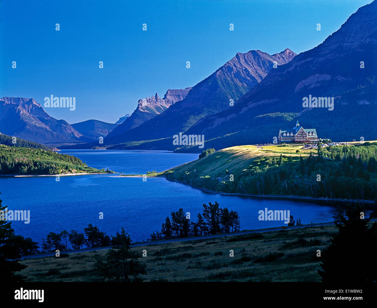 Prince of Wales Hotel with scenic Waterton Lakes National Park, Alberta, Canada. Stock Photo