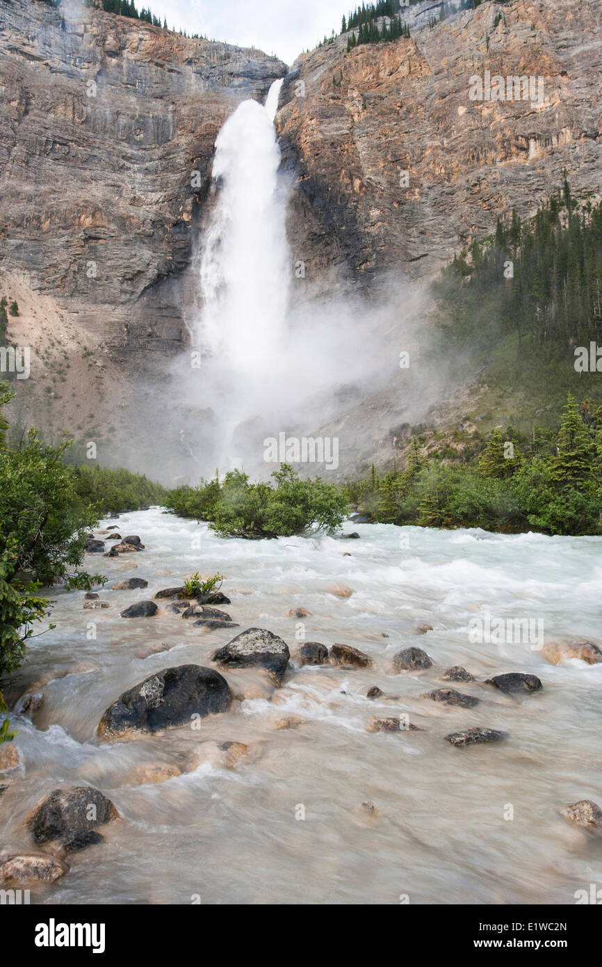 Takakkaw Falls in Yoha National Park British Columbia plunges a height 380m (1246 ft ) with a 254m ( 833 ft ) free-fall making Stock Photo