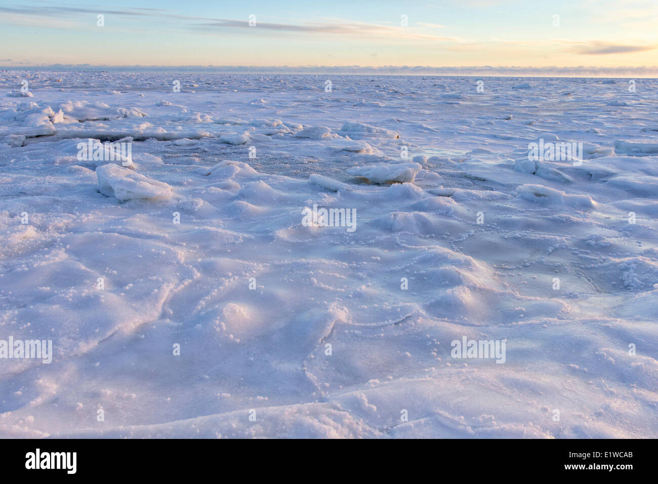 Frozen intertidal zone at sunrise, west coast Hudson Bay, south of Arviat, Nunavut, Canada Stock Photo