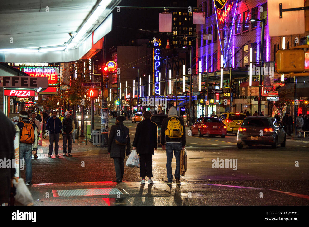 Pedestrians walking down Granville street, Vancouver, British Columbia, Canada Stock Photo
