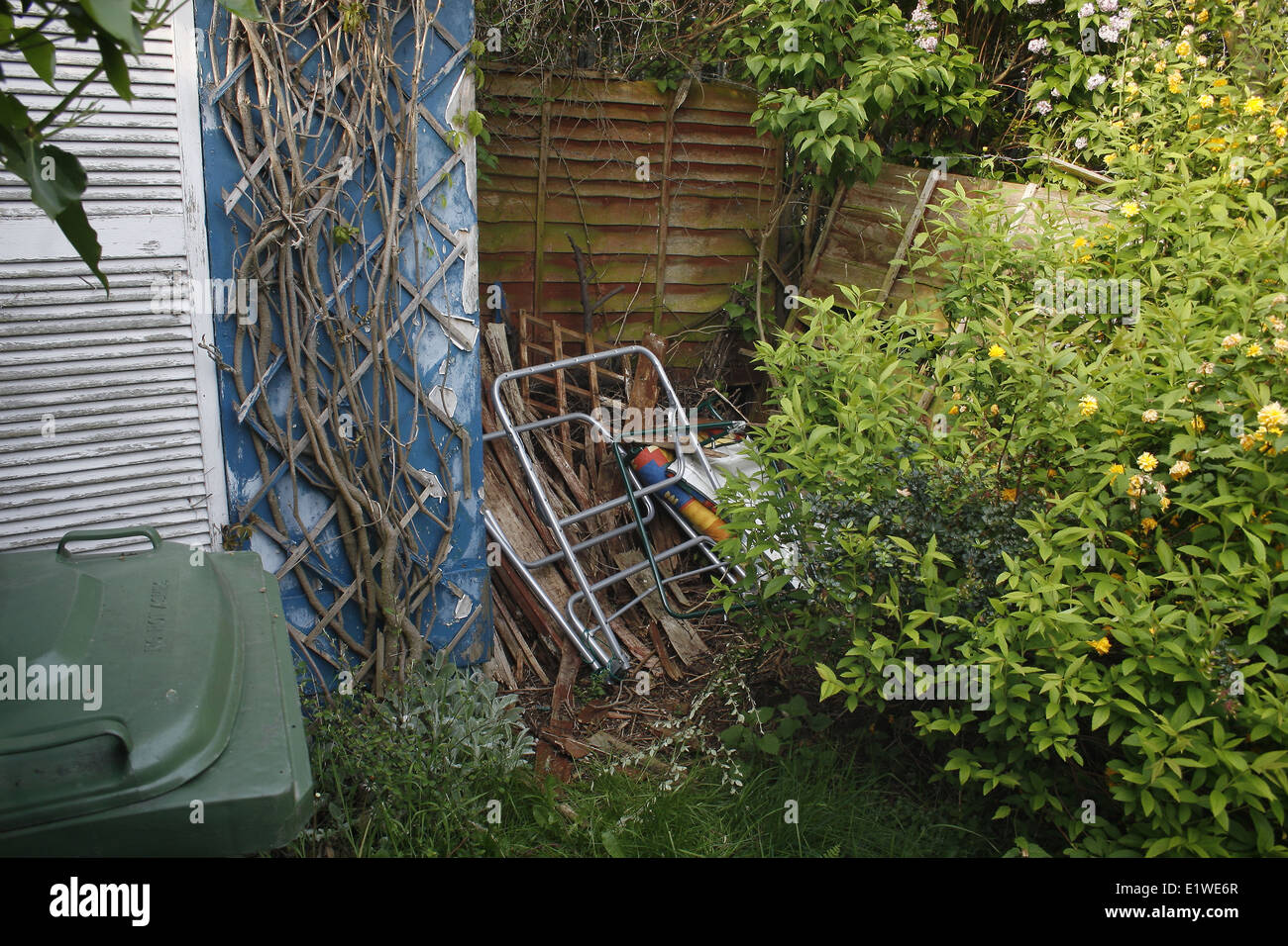 image of overgrown garden and rundown shed Stock Photo