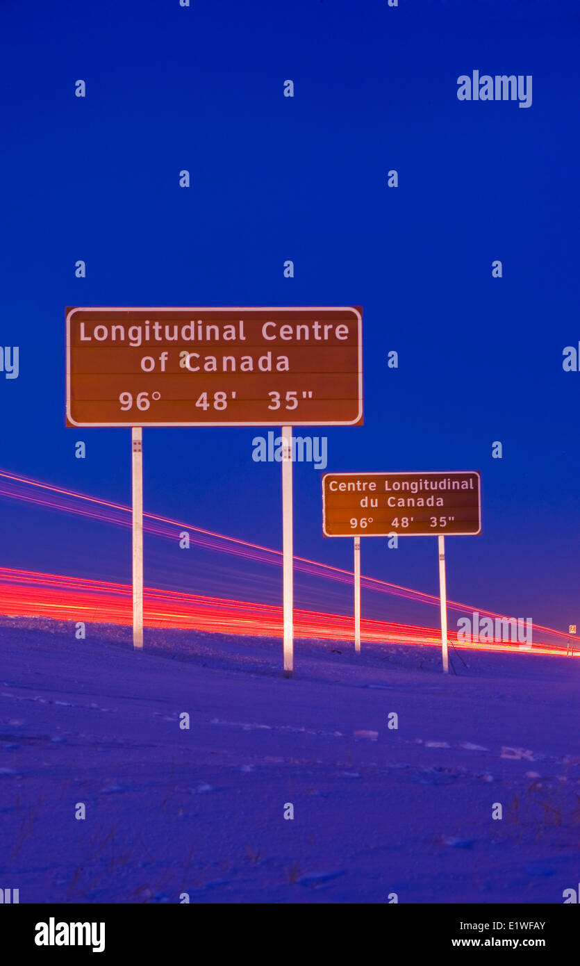 signage along Trans-Canada Highway east of Winnipeg during the winter, Manitoba, Canada Stock Photo