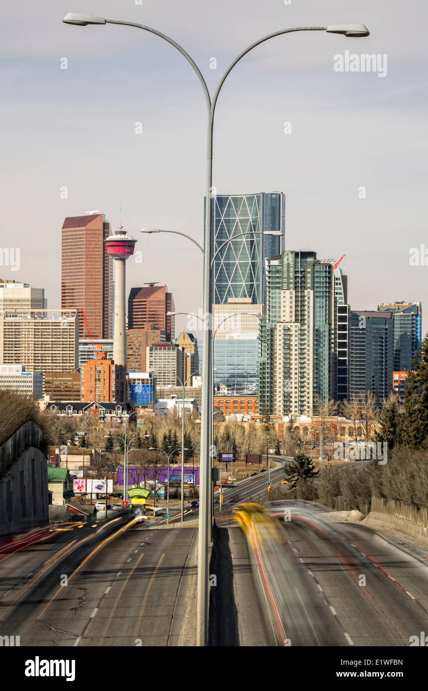 Light trails from cars driving to and from downtown Calgary in Alberta
