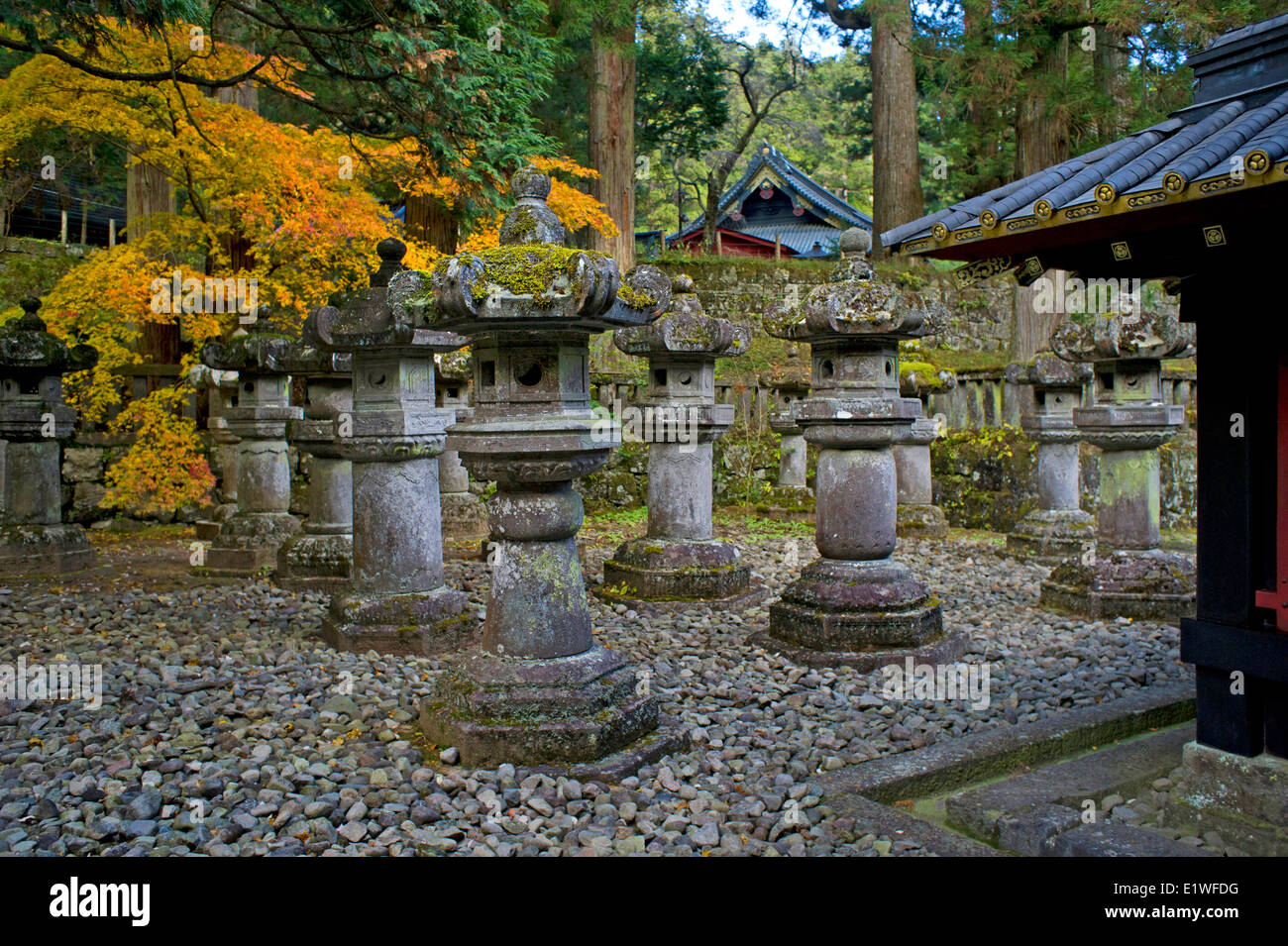 Stone lanterns of Futarasan Shrine in Nikko, Japan Stock Photo