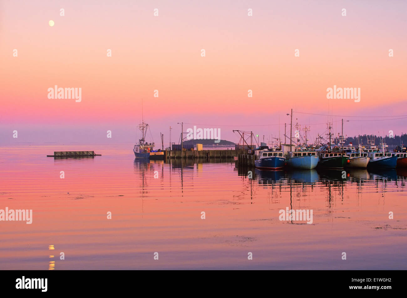 Fishing boats tied up at wharf at dusk, Shag Harbour, Nova Scotia, Canada Stock Photo