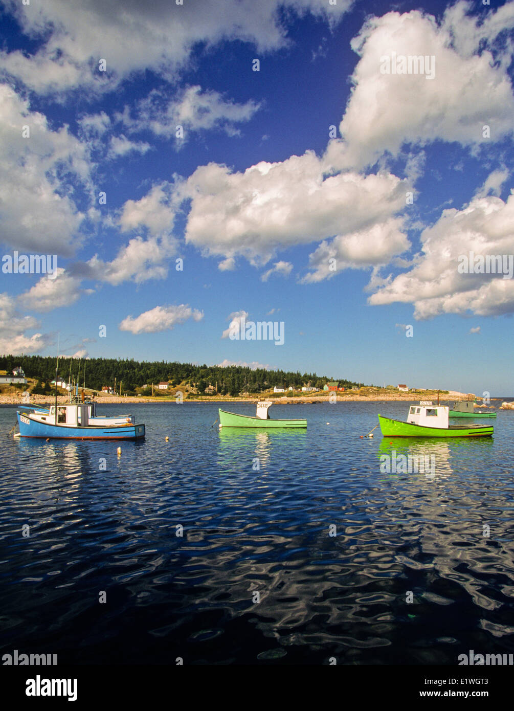 Fishing boats anchoed in New Haven Harbour, Cape Breton, Nova scotia, Canada Stock Photo