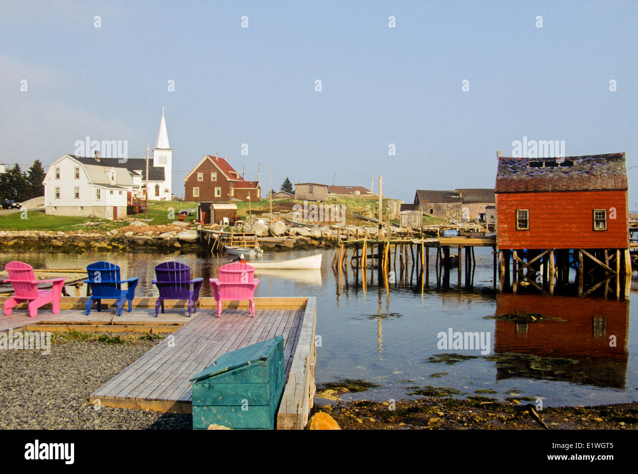 Adirondack Chairs on wharf, Prospect, Nova Scotia, Canada Stock Photo