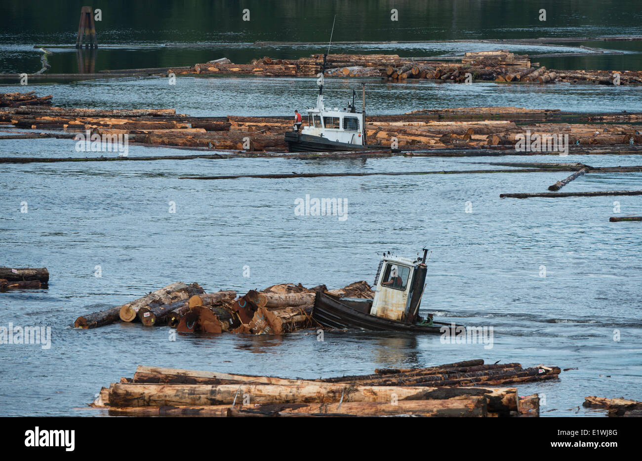 Boom boats at Beaver Cove British Columbia a small coastal village on the east coast northern Vancouver Island located at the Stock Photo