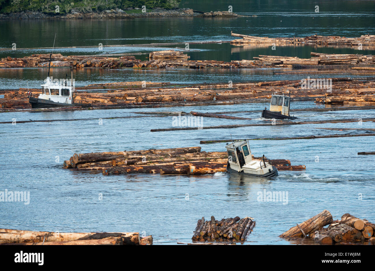 Boom boats at Beaver Cove British Columbia a small coastal village on the east coast northern Vancouver Island located at the Stock Photo