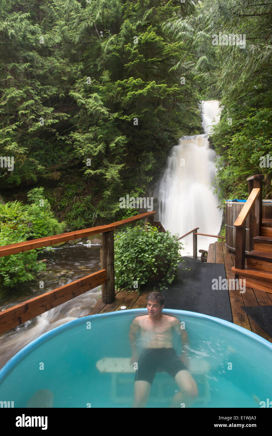 Hot tub and waterfall at Nimmo Bay Wilderness Resort, British Columbia