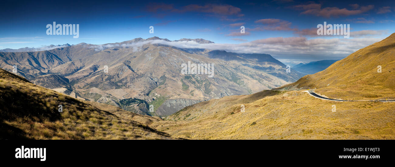 View from the Pisa Conservation Area track looking over the Crown Range Summit, New Zealand (digitally spliced panorama) Stock Photo