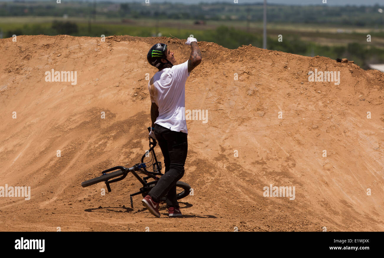 BMX rider Jamie Bestwick celebrates after a clean run at the X-Games in Austin, Texas 2014 Stock Photo