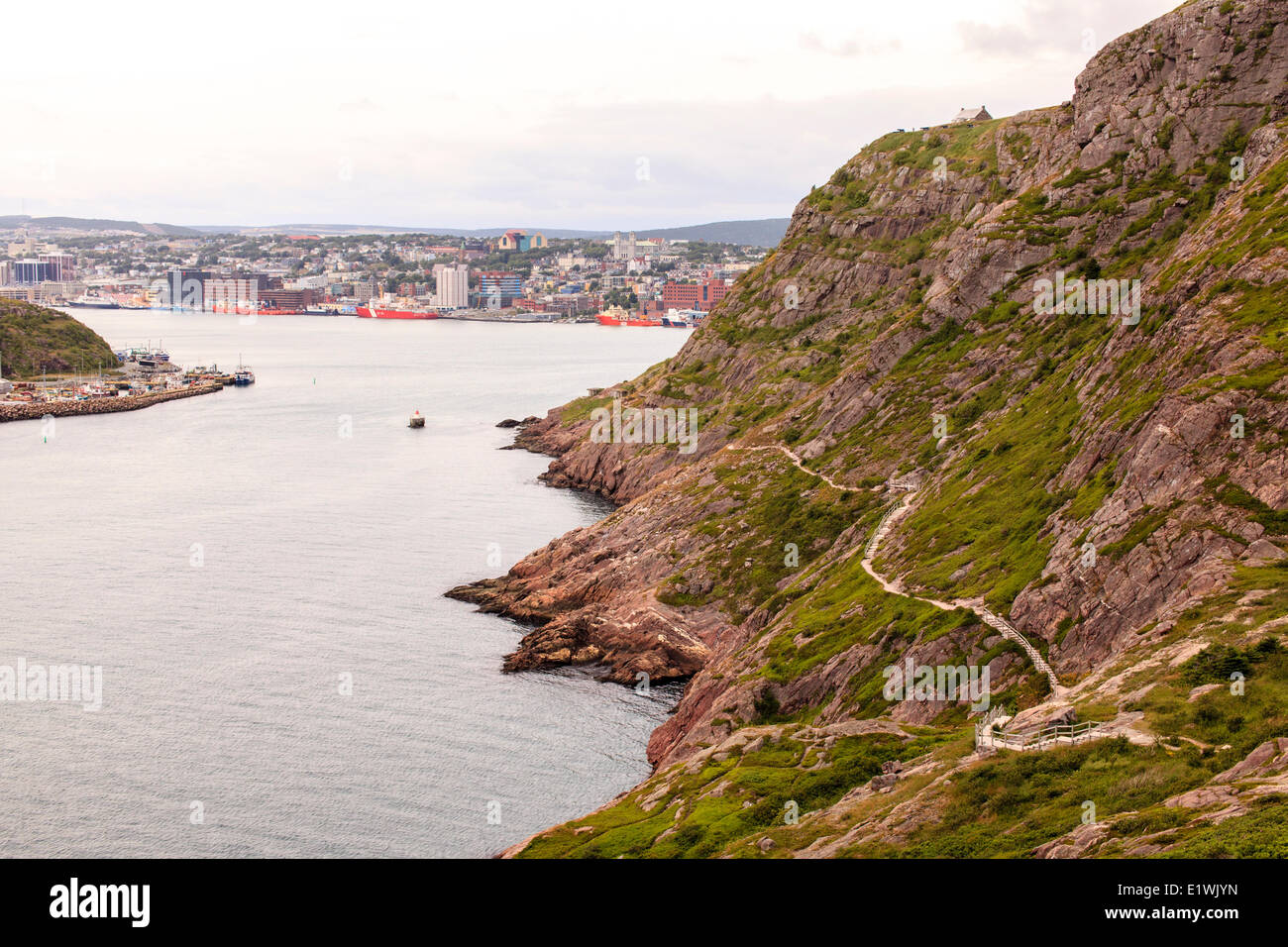 Signal Hill hiking trail and a view of downtown St. John's, Newfoundland. Stock Photo