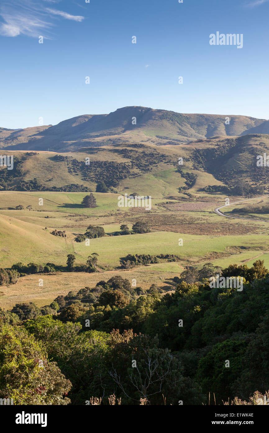 Hills and fields on the Southern Scenic Route on the South Island of New Zealand Stock Photo