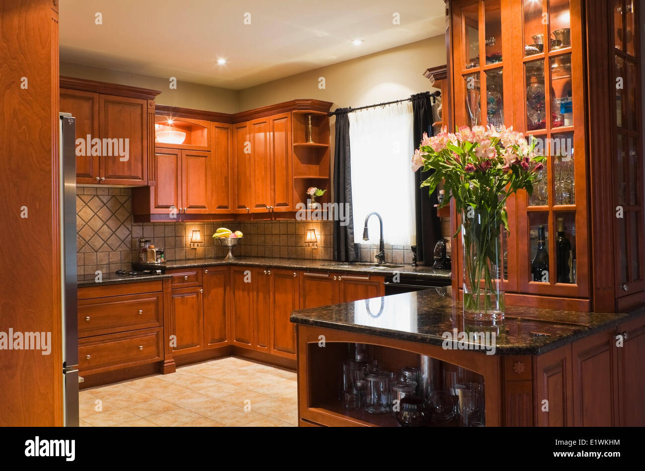 Kitchen Room With Wooden Cabinets Marble Countertops Ceramic Tile