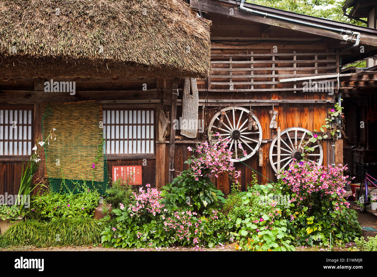 Facade a thatched-roof farmhouse in the historic village Shirakawa-go in northern Japan. The UNESCO World Heritage site is Stock Photo