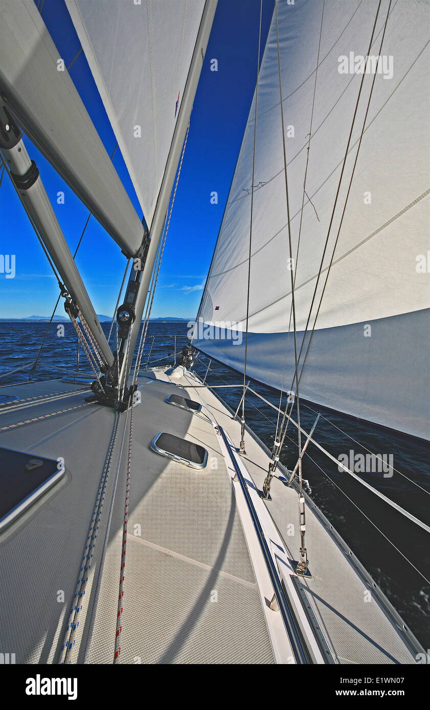 a close in shot of sailboat sailing across Georgia Strait, Vancouver Island, British Columbia, Canada, Darrel Giesbrecht.jpg Stock Photo