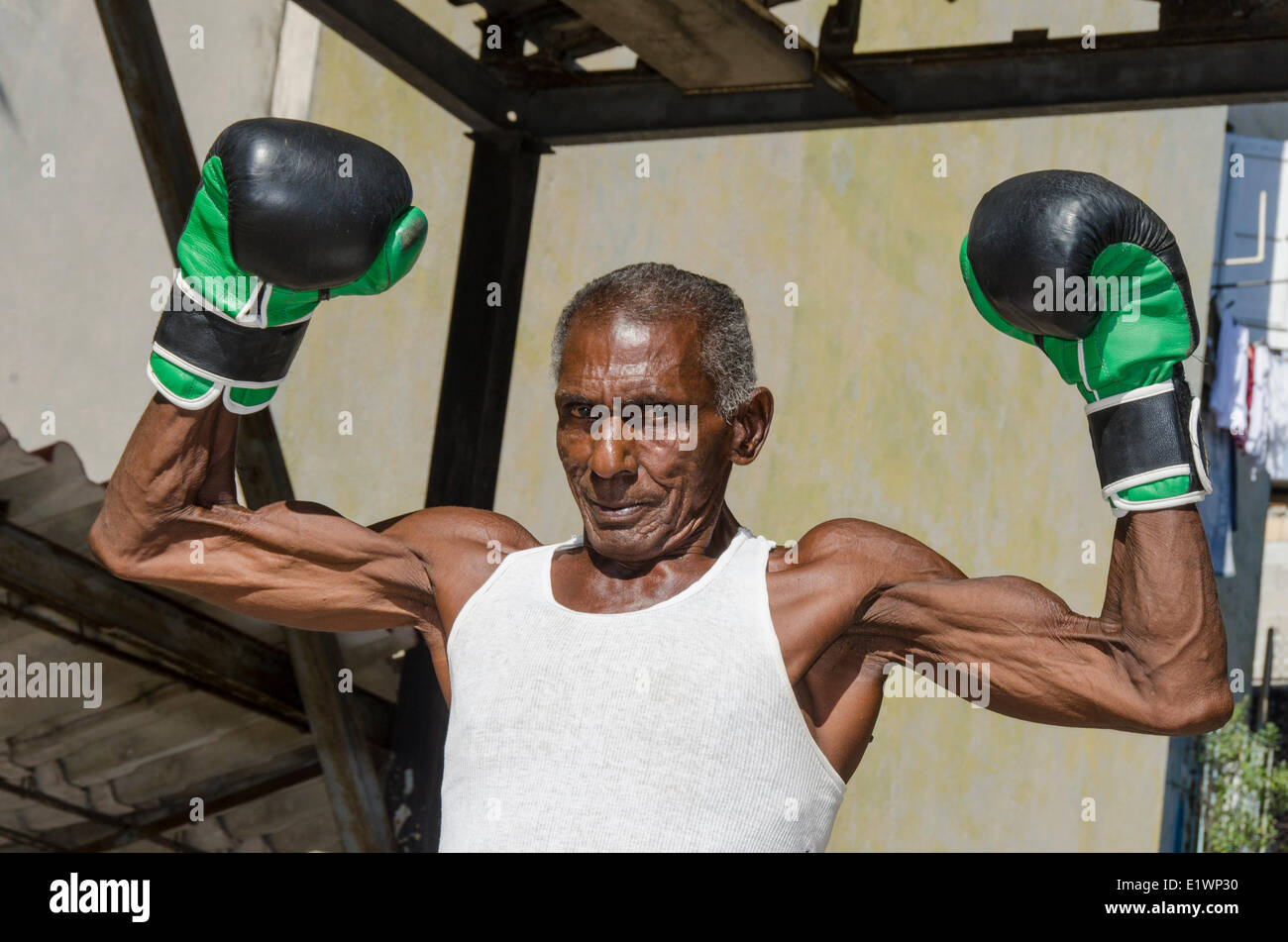 Mid sixties male boxer at Rafael Trejo Boxing Gym, Habana Vieja, Havana, Cuba Stock Photo