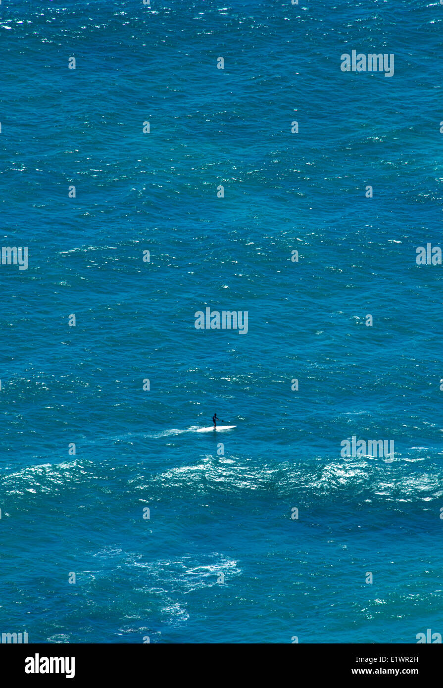 Sportsman paddleboarding in the open ocean near Honolulu, Hawaii Stock Photo