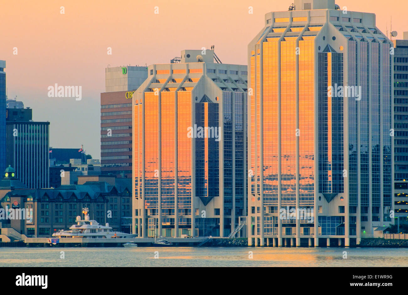 Purdy's Wharf and yatch, Halifax waterfront, Nova Scotia, Canada Stock Photo