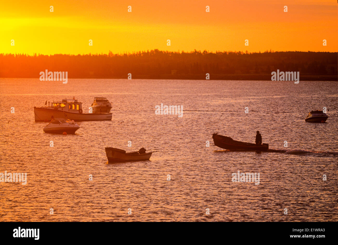 Oyster fisherman stting out at sunrise, West River Causeway, Prince Edward Island, Canada Stock Photo