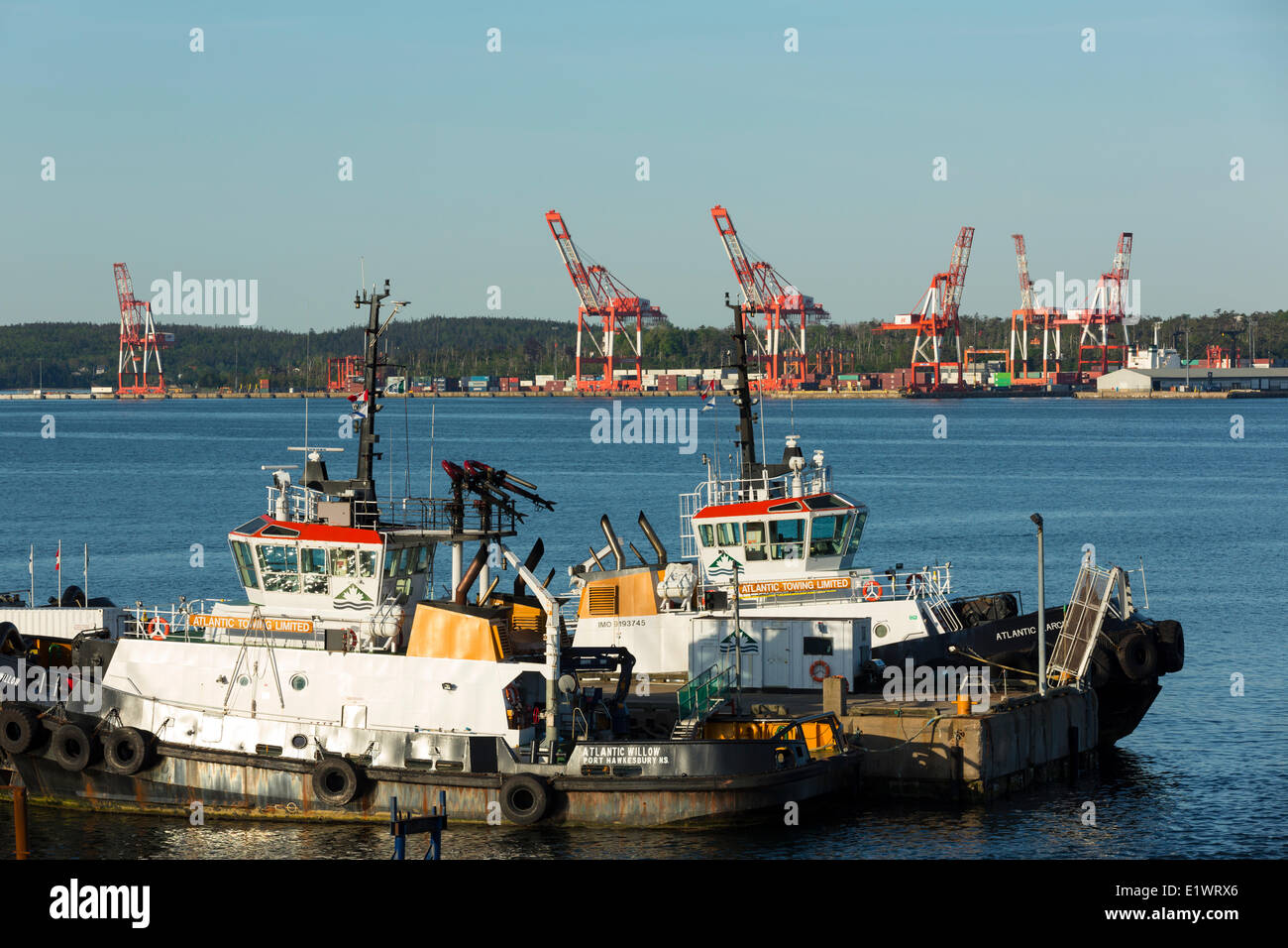 Tugboats docked at wharf, Woodside, Dartmouth, Nova Scotia, Canada Stock Photo