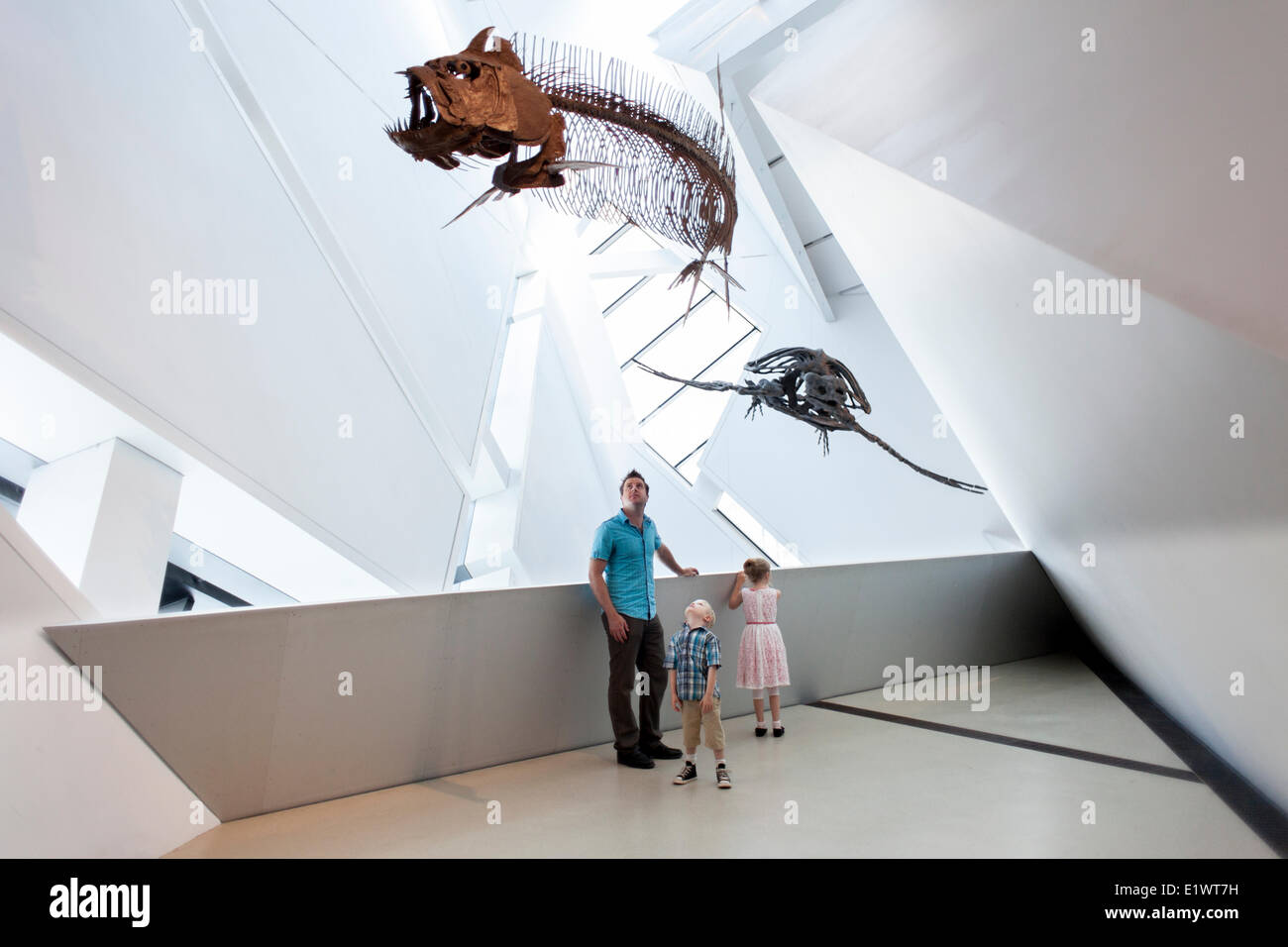 Dad with little girl and boy looking at dinosaur fossils at Royal Ontario Museum, Toronto