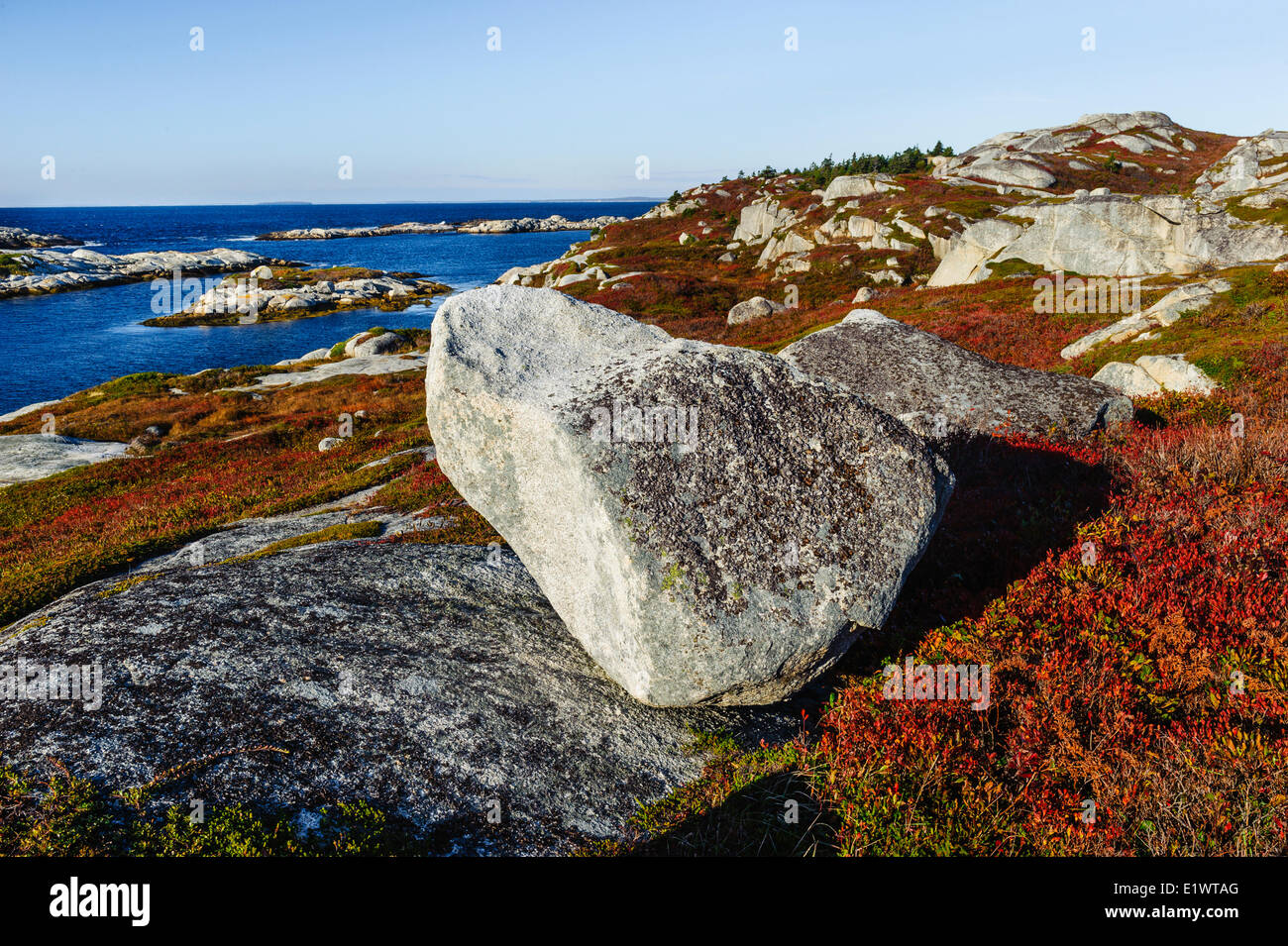 Devonian granite boulders. Atlantic Ocean coastline. Peggys Cove Conservation Area, Nova Scotia. Canada. Stock Photo