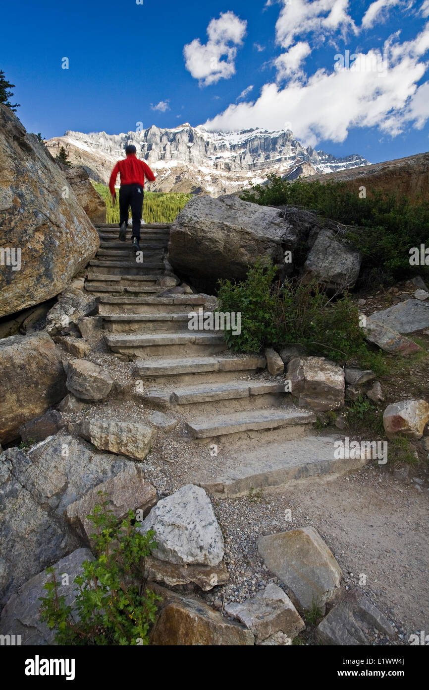 Middle age male hiker running up stairs of mountain trail. Stock Photo