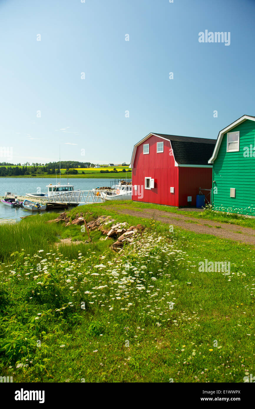 Fishing boats tied up at wharf, French River, Prince Edward Island, Canada Stock Photo