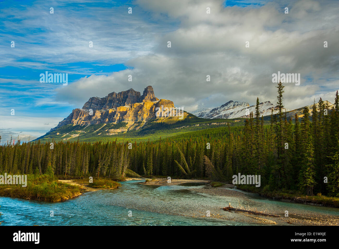 Castle Mountain and Bow River, Banff National Park, Alberta, Canada Stock Photo