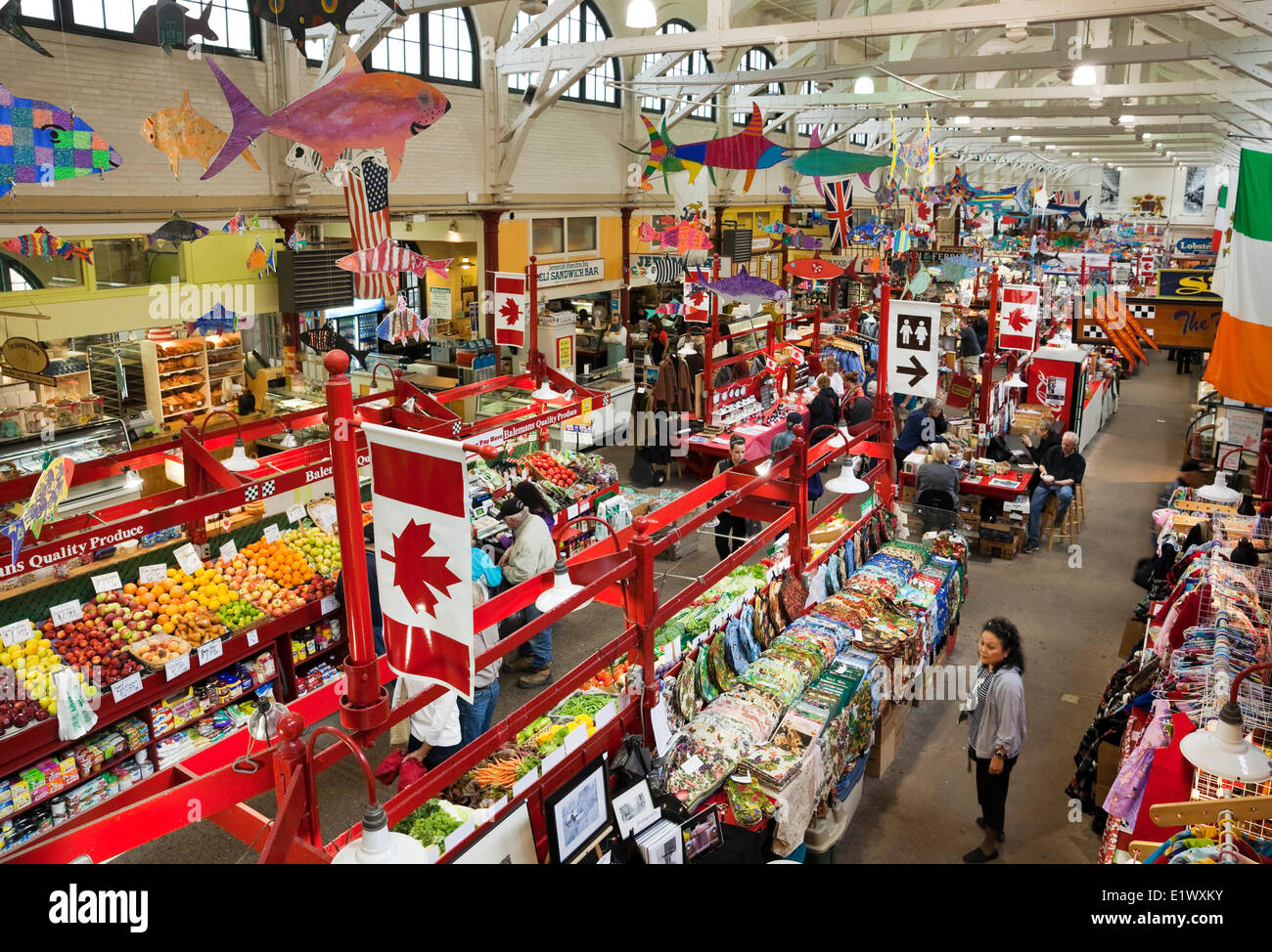 Opened in 1876 and located in Saint John, New Brunswick, the Saint John City Market has four rows of stalls covering an entire b Stock Photo