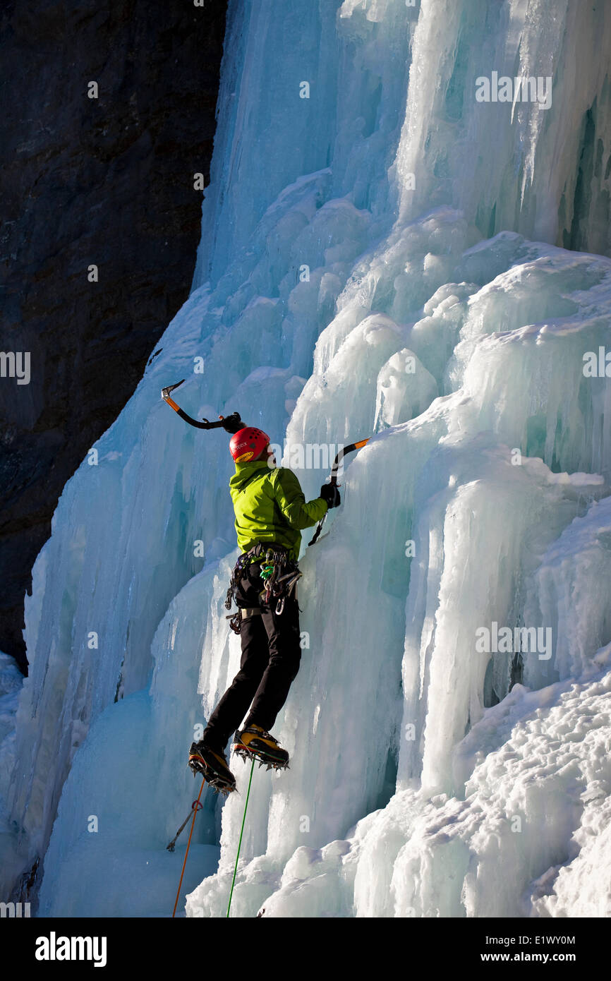 A male ice climber works his way the beautiful sunny ice climb called Malignant Mushroom WI5 in the Ghost River Valley, AB Stock Photo