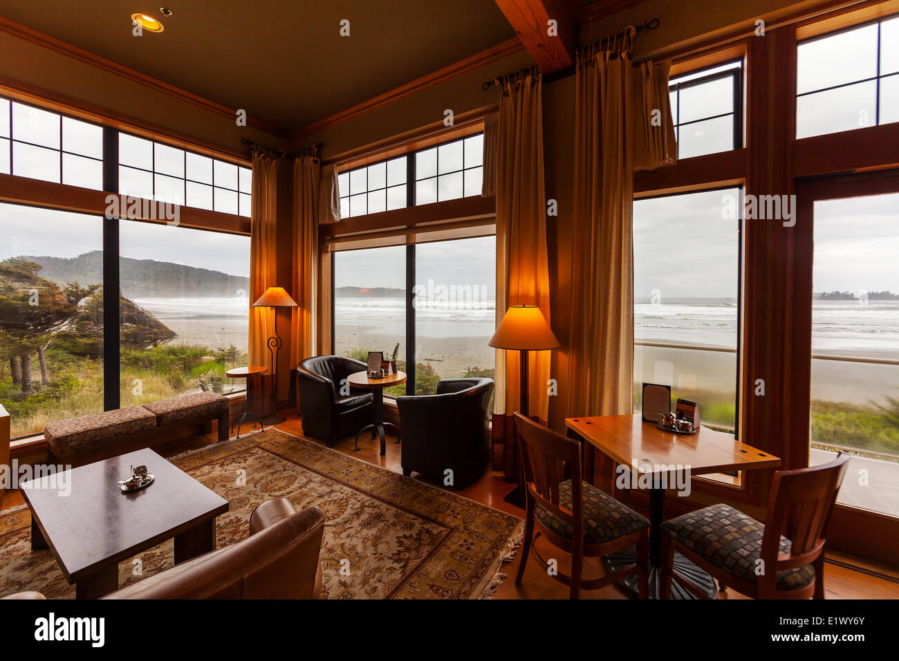 Beautiful views Cox Bay surround the dining experience at Long Beach Lodge.  Cox Bay Tofino Vancouver Island British Columbia Stock Photo