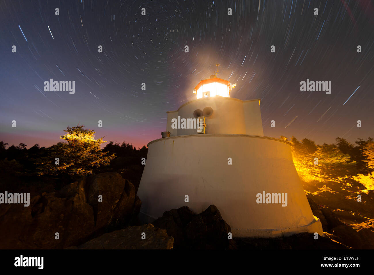 The Amphrite lighthouse in Ucluelet, photographed at night. Ucluelet,  Vancouver Island, British Columbia, Canada Stock Photo