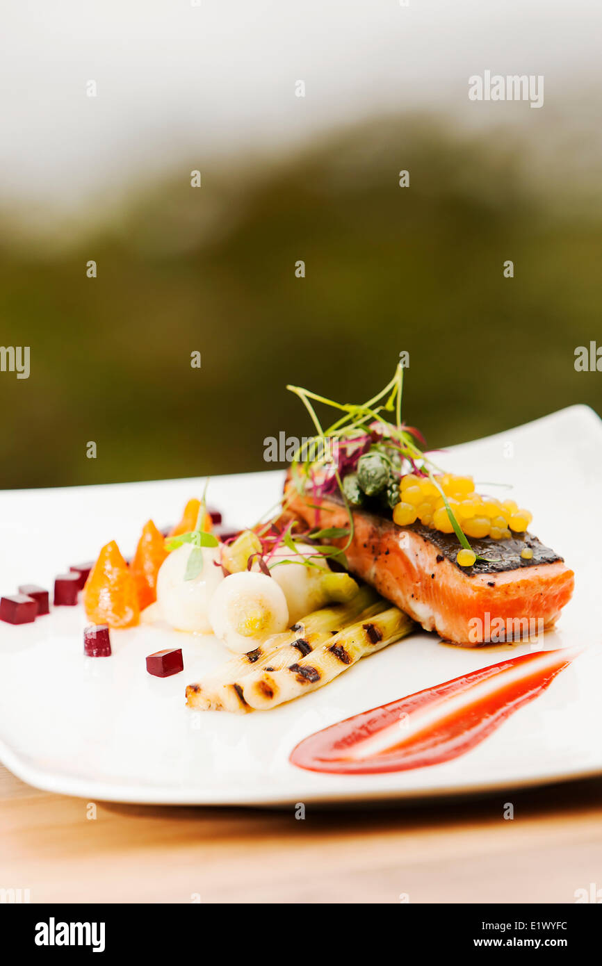 A single serving Salmon main course served up west coast style at the Black Rock Resort in Ucluelet.  Ucluelet Vancouver Island Stock Photo