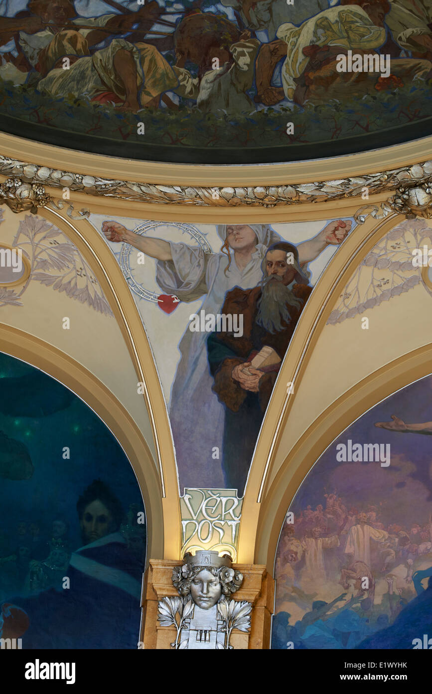 Ceiling Decoration (Murals) in Lord Mayor's Hall in Municipal House by Alfons Mucha (Art Nouveau), Prague Czech Republic Stock Photo