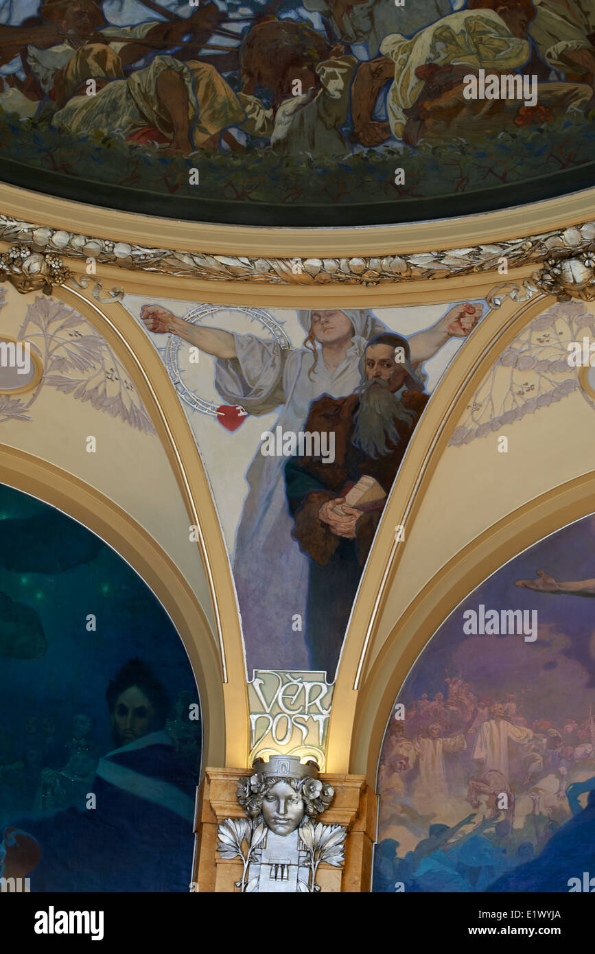 Ceiling Decoration (Murals) in Lord Mayor's Hall in Municipal House by Alfons Mucha (Art Nouveau), Prague Czech Republic Stock Photo